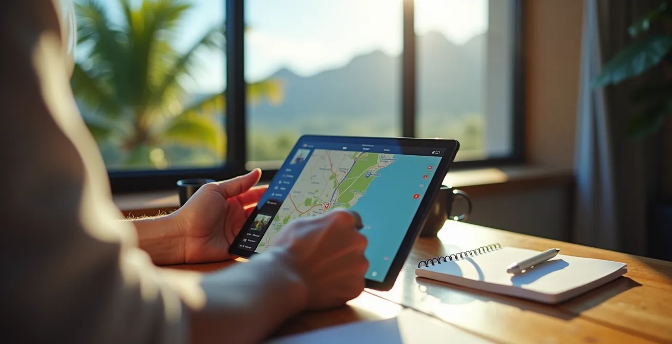 Personne vérifiant une annonce de location sur tablette avec carte de La Réunion en arrière-plan