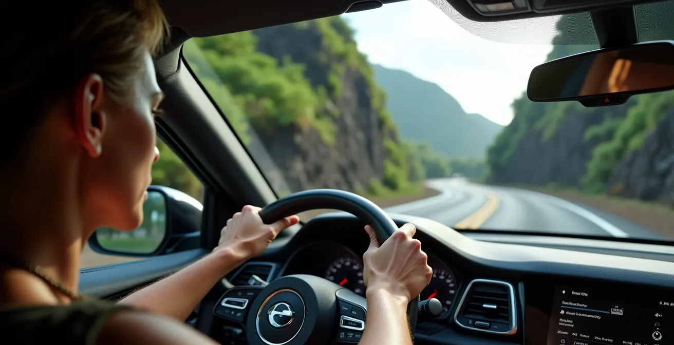 Conducteur concentré négociant un virage serré sur la route de montagne avec vue sur les remparts de Cilaos