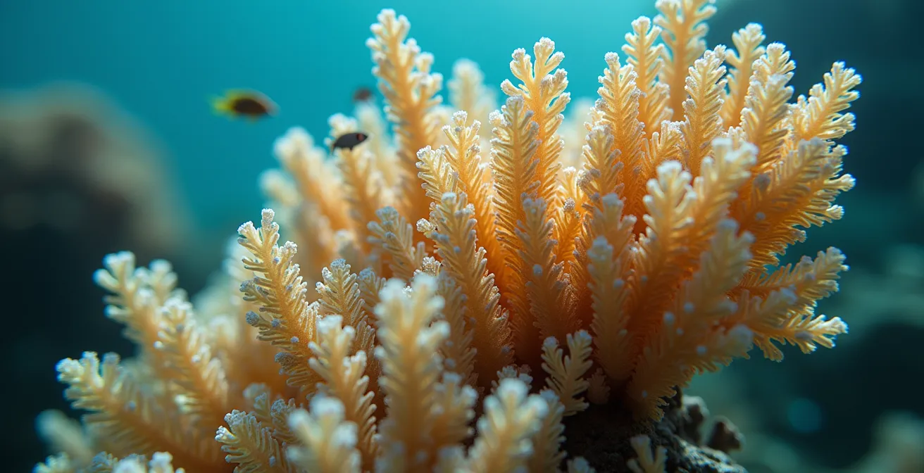 Gros plan extrême sur des coraux Acropora vus à travers une coque transparente de kayak, montrant les détails des polypes