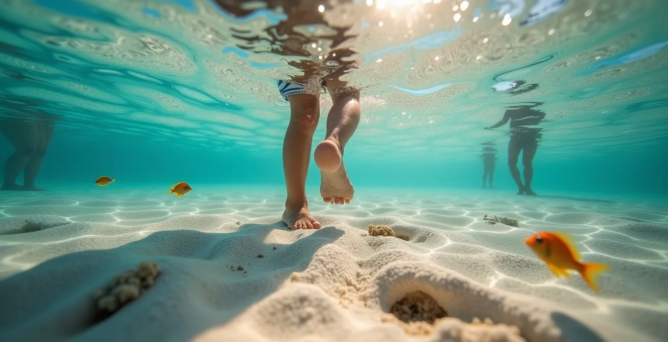 Vue aérienne des zones peu profondes du lagon de La Saline avec enfant sur paddle et famille faisant du snorkeling